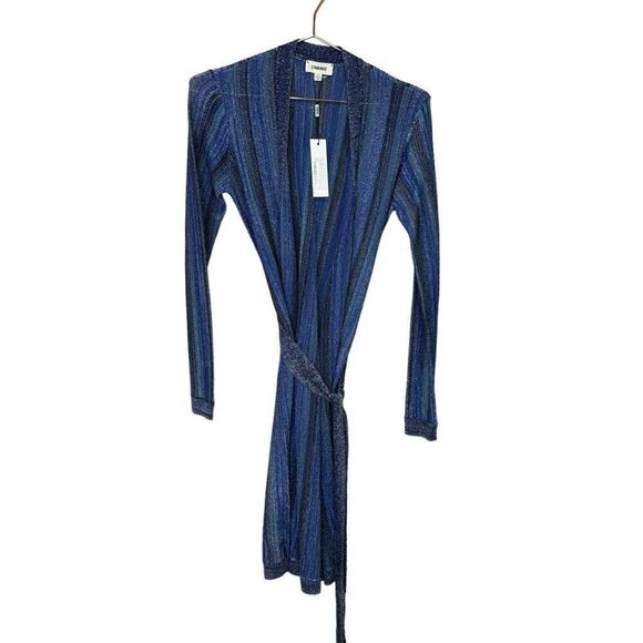 NWT L'Agence Knit Striped Tie Waist Berkeley Wrap Cardigan Blue Metallic Size XS - Picture 5 of 12